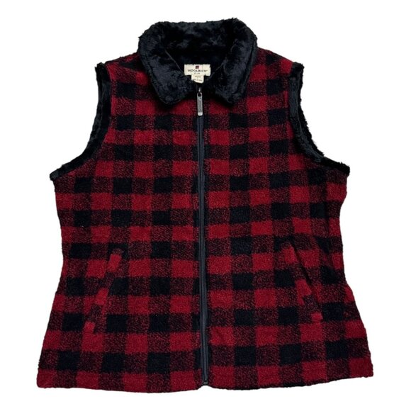 WOOLRICH PLAID Faux Fur Fleece Vintage Y2K Designer Fall Vest Womens Large - Picture 1 of 6